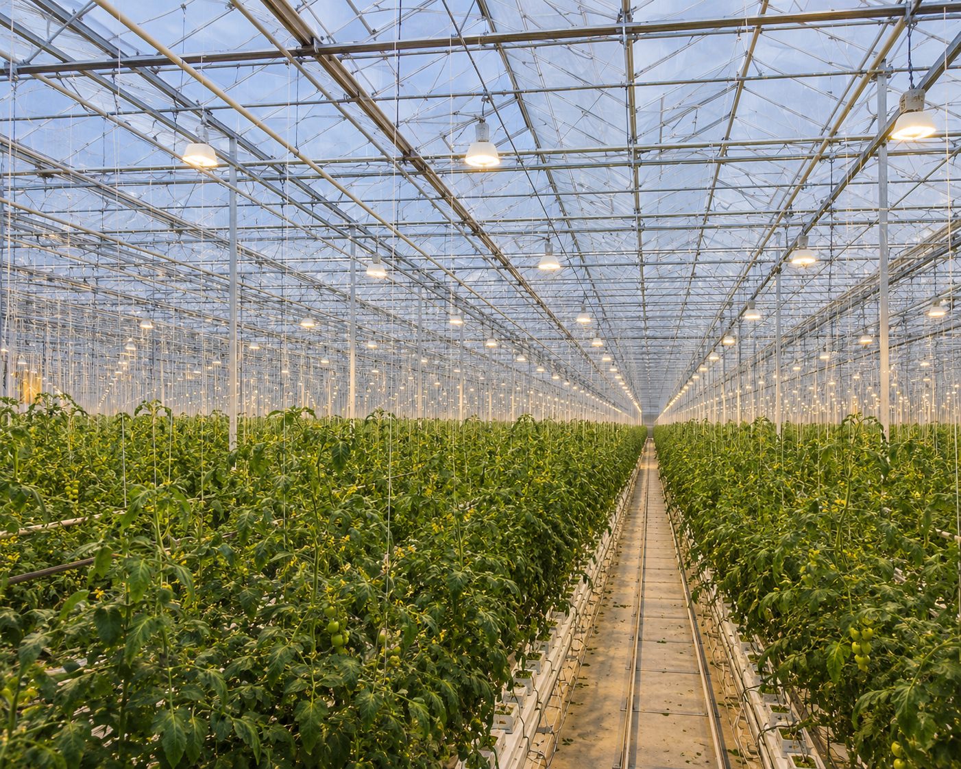 Supplemental lighting rig over rows of tomato plants in a glasshouse