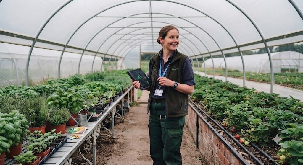 Grower checking the Lichen dashboard on a tablet in a polytunnel